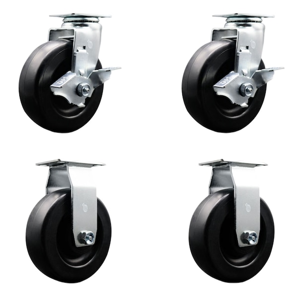 6 Inch Polyolefin Caster Set with Roller Bearings 2 Brakes 2 Rigid SCC
